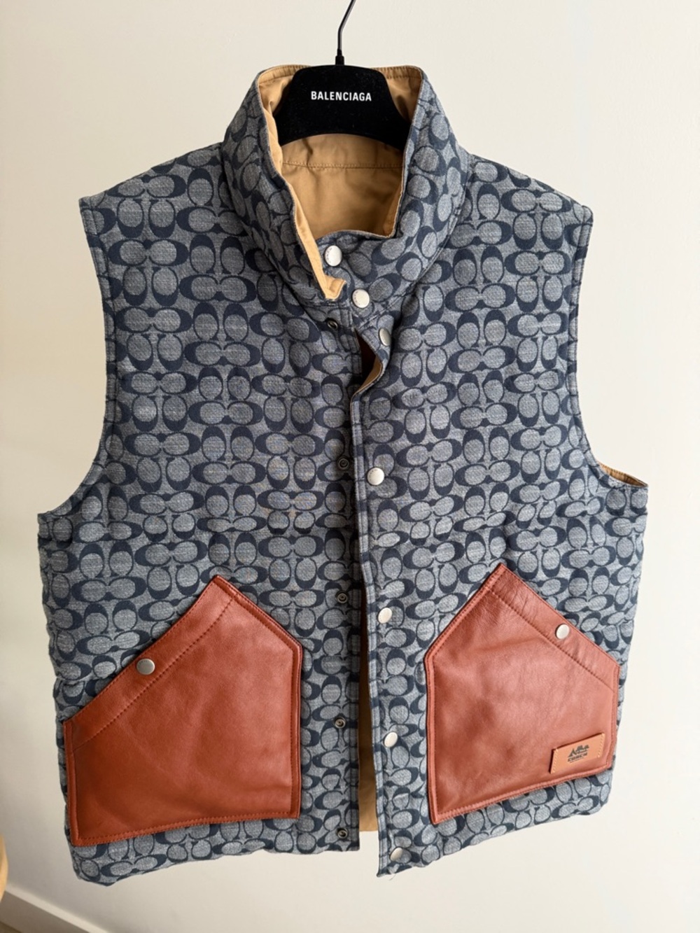 Coach Blue Gray Signature Quilted Vest with Brown Leather Pockets reversible!!